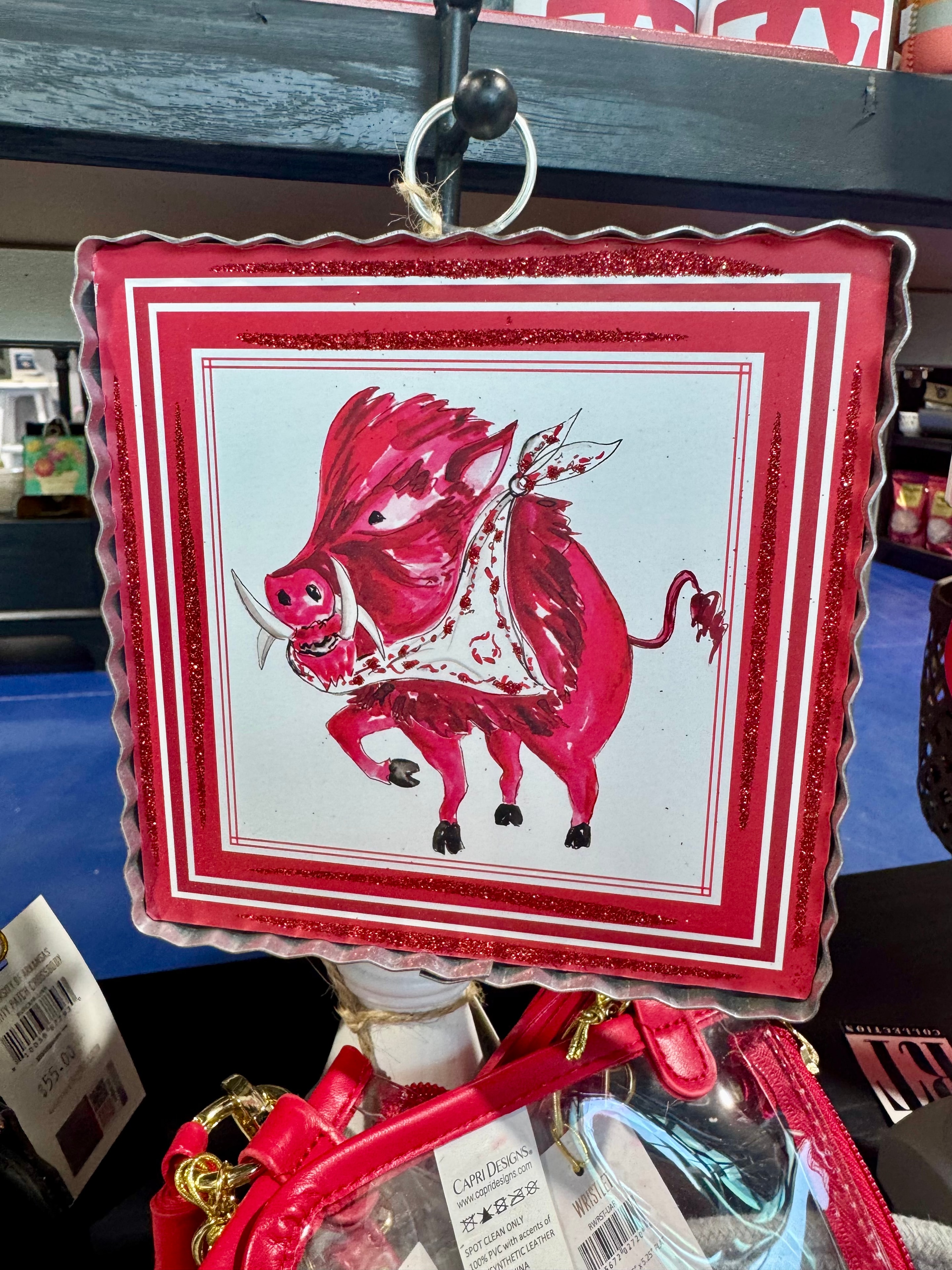 Arkansas Razorback decorative ornament with glitter frame