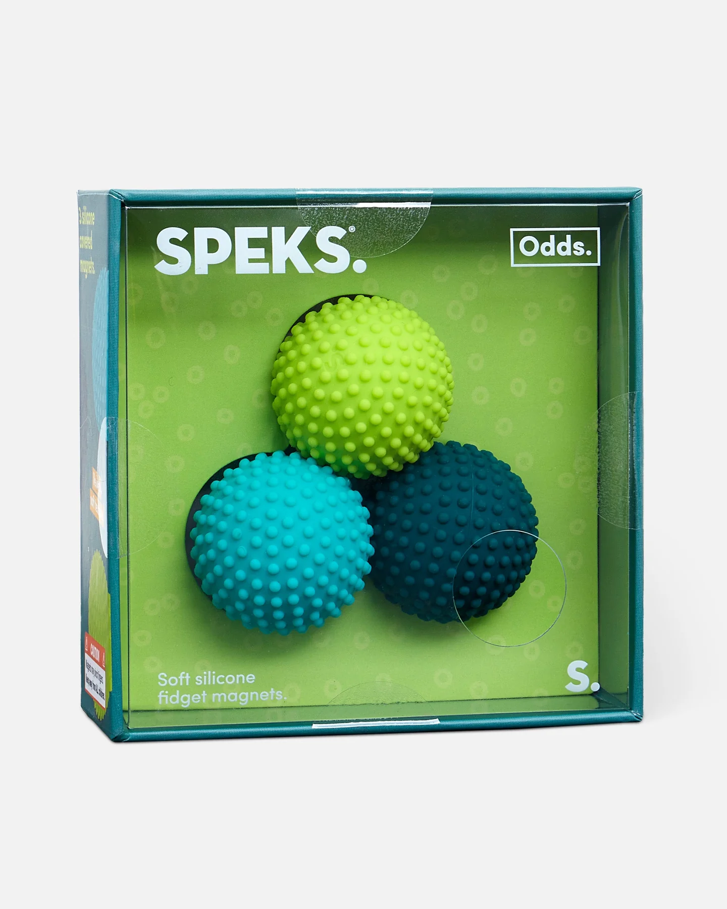 SPEKS Odds soft silicone fidget magnets in green packaging